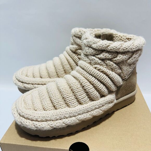 UGG Classic Mini Women's US 6 Ankle Boots Beige Chunky Knit Side Zip NIB $180 - Picture 7 of 14